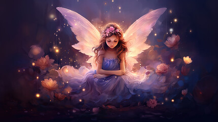 pretty fairy angel sitting in flower field night forest with glitter glow firefly light dreamy fantasy atmosphere, painting cartoon illustration, Generative Ai - obrazy, fototapety, plakaty