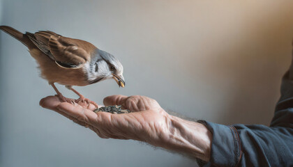 man feeding seeds to a bird that trusts and appreciates