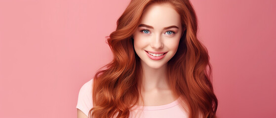 Beautiful elegant european red-haired smiling young woman with perfect skin and long red hair, on a pink background, close-up