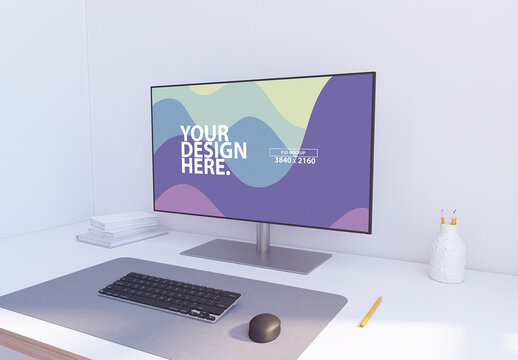 Wide Monitor Mockup on white table in home office