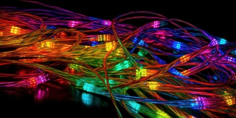 Neon light Bright and colorful Fiber Cables on a Black Background.