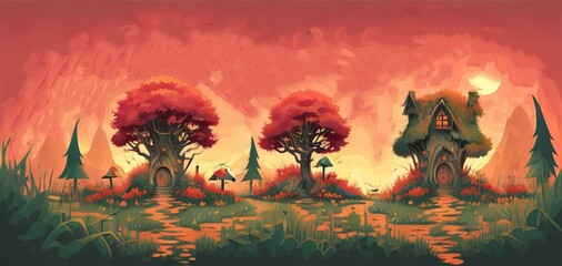Free nature landscape scene background with mushroom tree, Generative AI