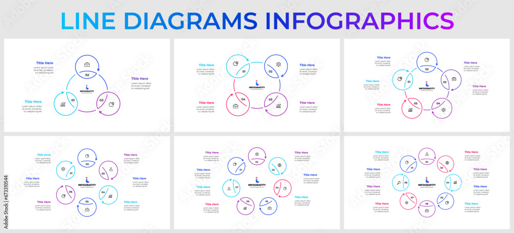 Poster set of outline infographic circles elements. vector diagrams with 3, 4, 5, 6, 7 and 8 options, steps