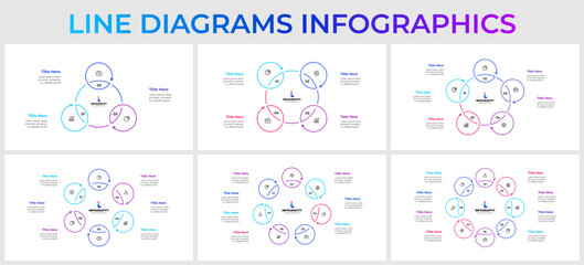 Set of outline infographic circles elements. Vector diagrams with 3, 4, 5, 6, 7 and 8 options, steps or processes