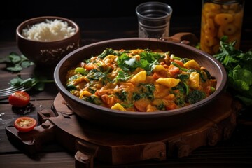 A rich and aromatic vegetarian curry dish presented on a dark, moody background, highlighting vibrant colors and textures.
