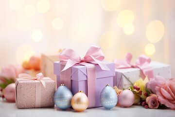 Fototapeta na wymiar Easter Pastel Background with Delightful Presents