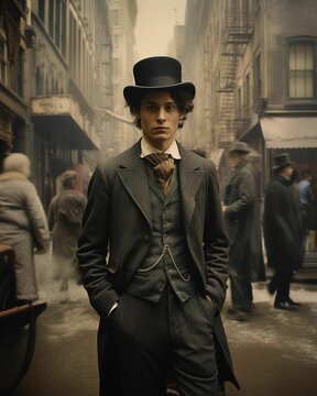 AI generated illustration of a young man in Victorian-style clothing, standing on the street