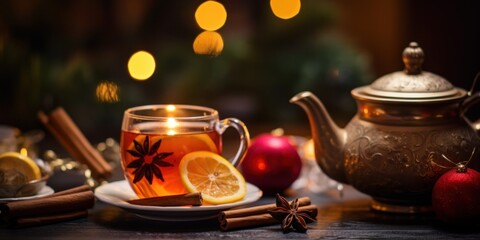 Fototapeta premium Cozy Christmas: Candlelit Tea and Spices on dark background 
