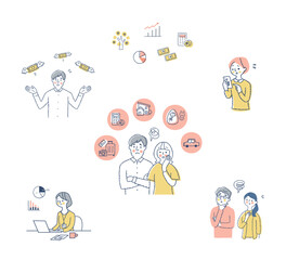 お金・投資・資産運用関連　困った表情の人々　セット