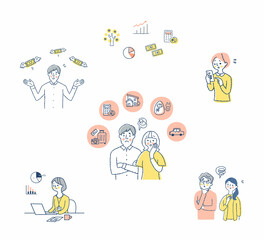 お金・投資・資産運用関連　困った表情の人々　セット