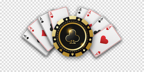 Realistic playing chip with the suit of clubs, gambling tokens. Fans of playing cards ace of all suits. The concept of playing poker or casino. Vector illustration on a transparent bg.