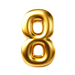 Gold metallic Number "8" balloon Realistic 3D on white background.