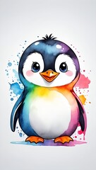 Colorful watercolor cute penguin portrait illustration on a white background, funny doodle penguin