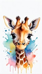 Colorful watercolor cute Giraffe portrait illustration on a white background, funny doodle giraffe