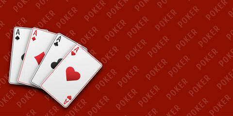 Poker concept. Fan of hand playing cards. Red playing table. Four aces with the suit of hearts, clubs, diamonds and spades. Vetor illustration.