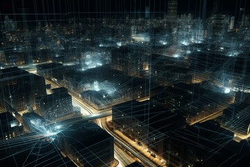 A connected urban environment with abstract patterns of technological interconnection. Generative AI