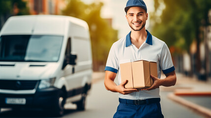 Postwoman/postman with package in hand standing in front  postal car. AI generativ.