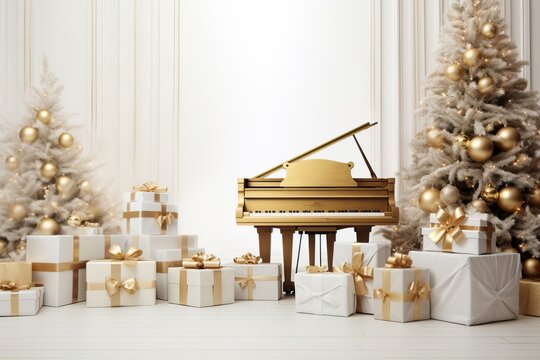 Elegant White Christmas with Golden Piano