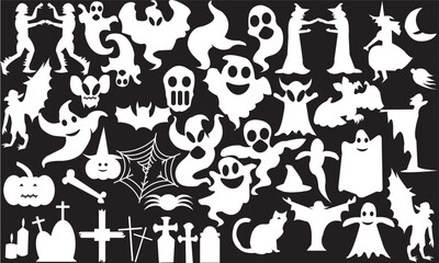 Naklejka premium Set of silhouettes of Halloween on a black background.