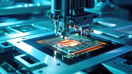 Close-up view of manufacturing advanced computer chips and semiconductor products. - obrazy, fototapety, plakaty