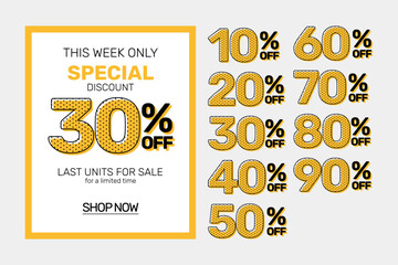 Yellow Banner Numbers Offer 10% 20% 30% 40% 50% 60% 70% 80% 90% Discount