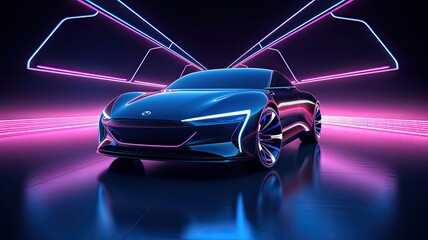 A futuristic electric car surrounded by a halo of red and blue neon lights, encapsulating the essence of speed and modernity.