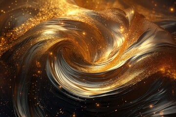 Abstract golden swirls with sparkling accents on a dark background. Perfect for luxury branding,...