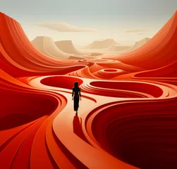 Plexiglas foto achterwand Illustrative of woman running on red track. Silhouette runner on futuristic landscape. © Vadim