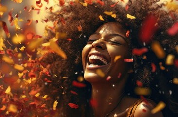 Joyful young Black woman in orange attire, laughing amidst a burst of confetti. Ideal for celebrations, event promotions, or marketing campaigns targeting youthful audiences.
