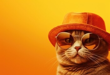 A cat with sunglasses, a beanie, and a scarf against an orange backdrop.  Ideal for quirky pet product ads, humorous content, or vibrant pet fashion promos.