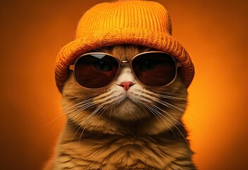 A cat with sunglasses, a beanie, and a scarf against an orange backdrop.  Ideal for quirky pet product ads, humorous content, or vibrant pet fashion promos.