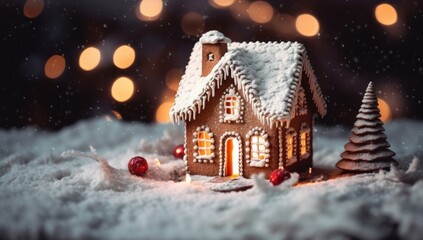 Cozy gingerbread house with glowing windows in a snowy scene, ideal for festive season decor. Perfect for Christmas advertising, greeting cards, or holiday-themed visual content.