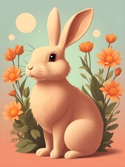 Cute bunny in the full of flowering trees background