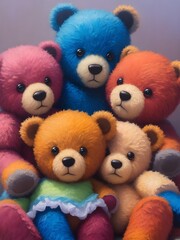 Oil painting of multicolored teddy bears with cute look