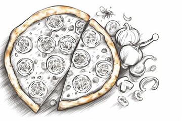 Italian pizza , collection of pizza with ingredients, logo, hand drawn  illustration realistic sketch , Generative AI