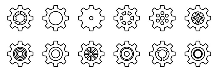 Gears icon set. Setting gears icon. Collection of mechanical outline cogwheels. Simple Gear wheel collection. Gear icons silhouette. Vector illustration with cogwheels sign set on white background.