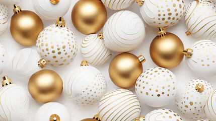 seamless background of Christmas tree balls of different sizes in white and gold colors.