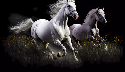 two horses running in a field of grass with a sky background and a black background behind them