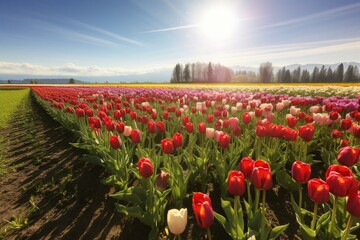 sunny tulip field. Generative AI