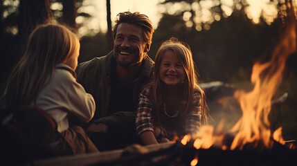 Father and two of his daughters, happily laughing and having fun, around a fire at a campsite in...