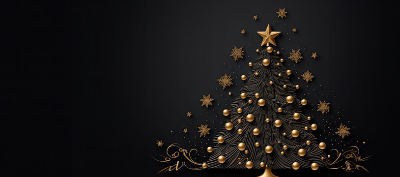 Elegant Greeting Card Featuring a Minimalistic Black and Gold Christmas Tree Design.