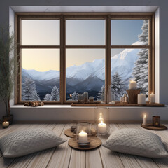 Holiday-Themed Meditation Space with Pine-Scented Essential Oils and Serene Snow View