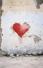 Corazón pintado sobre una pared abandonada y derruida. Concepto San Valentín. Espacio para texto. 