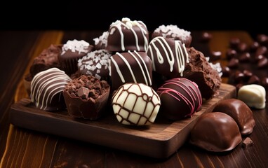Deliciosos bombones y trufas de chocolate preparados para una romántica cita. San Valentin.  - obrazy, fototapety, plakaty