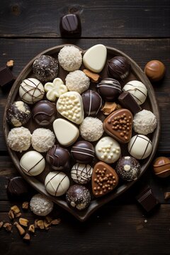 Deliciosos bombones y trufas de chocolate preparados para una rom&aacute;ntica cita. San Valentin. 