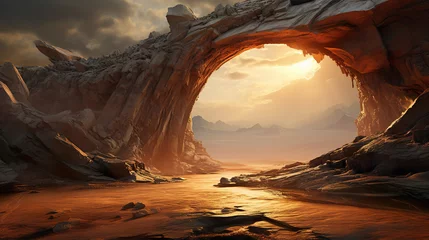 Fototapete Fantasielandschaft fantasy mountain at sunset, artistic illustration of cliff and dramatic sky