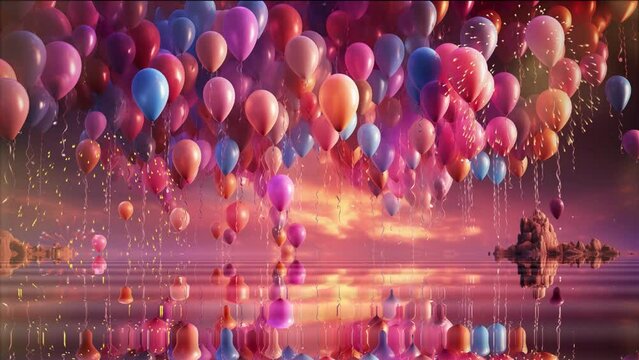 Sunset birthday bliss with a myriad of balloons floating over tranquil waters, reflecting a sky aflame with celebration—a perfect backdrop for birthday wishes          
