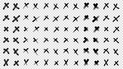 X black mark vector set collection. Cross sign icon from hand brush strokes. Hand drawn doodle scribble crossed brush strokes. Grunge set X. Set black shapes on a isolation transparent background. - obrazy, fototapety, plakaty