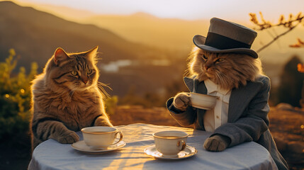 funny cat family drink tea at sunset, two kitty sitting by table and drinking hot drink, animals have breakfast at nature - obrazy, fototapety, plakaty