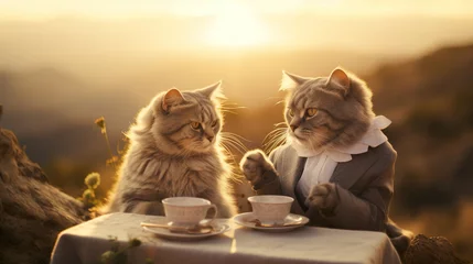 Raamstickers funny cat family drink tea at sunset, two kitty sitting by table and drinking hot drink, animals have breakfast at nature © goami